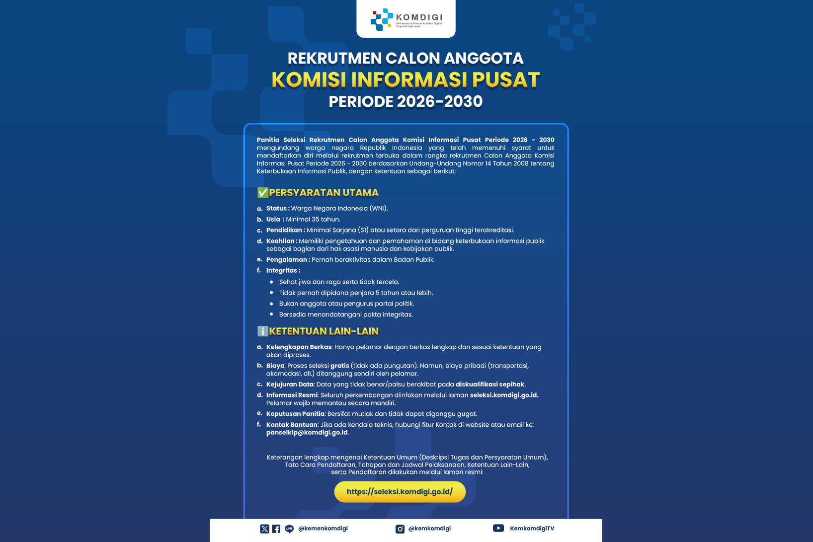Rekrutmen Calon Anggota Komisi Informasi Pusat Periode 2026-2030.